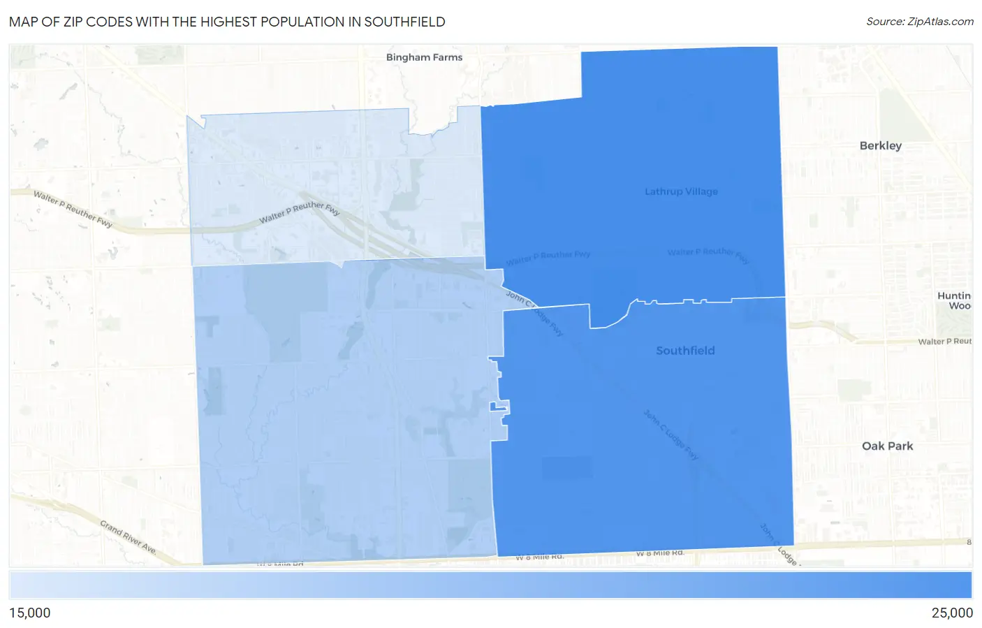 Zip Codes with the Highest Population in Southfield Map