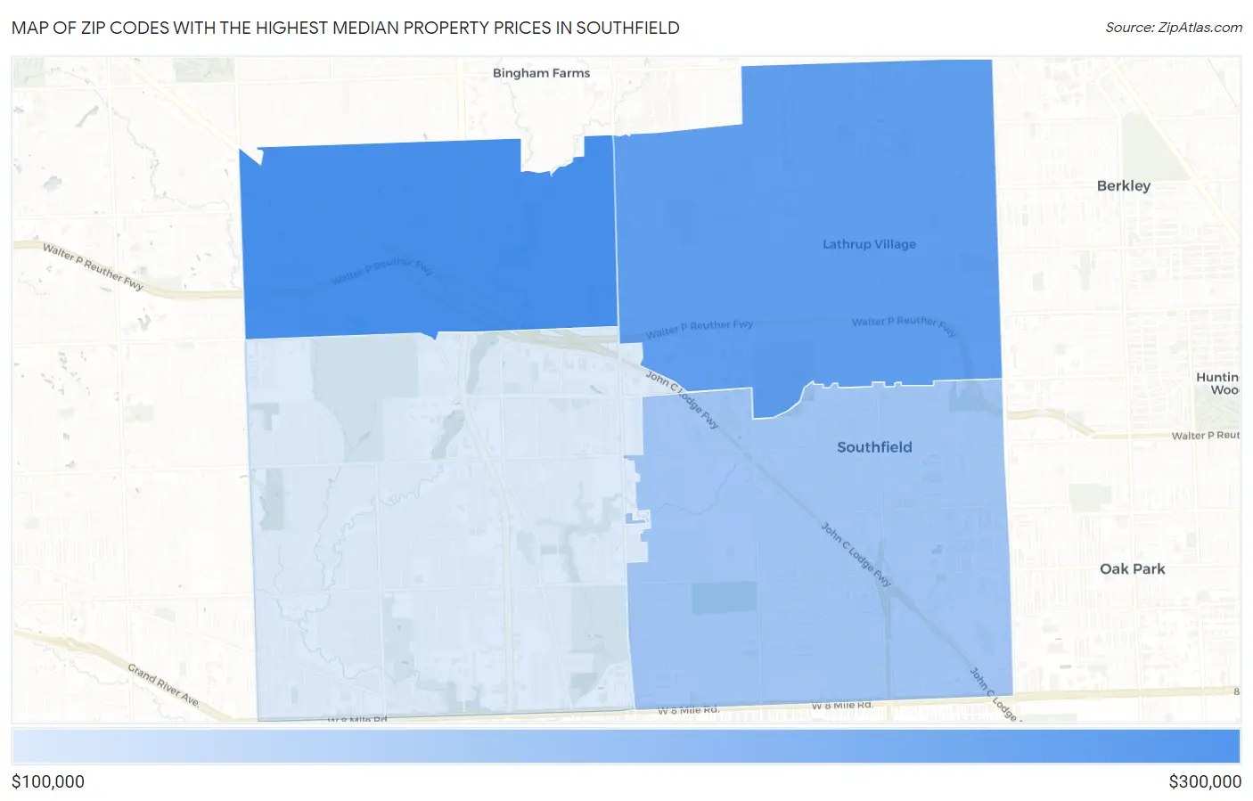 Zip Codes with the Highest Median Property Prices in Southfield Map