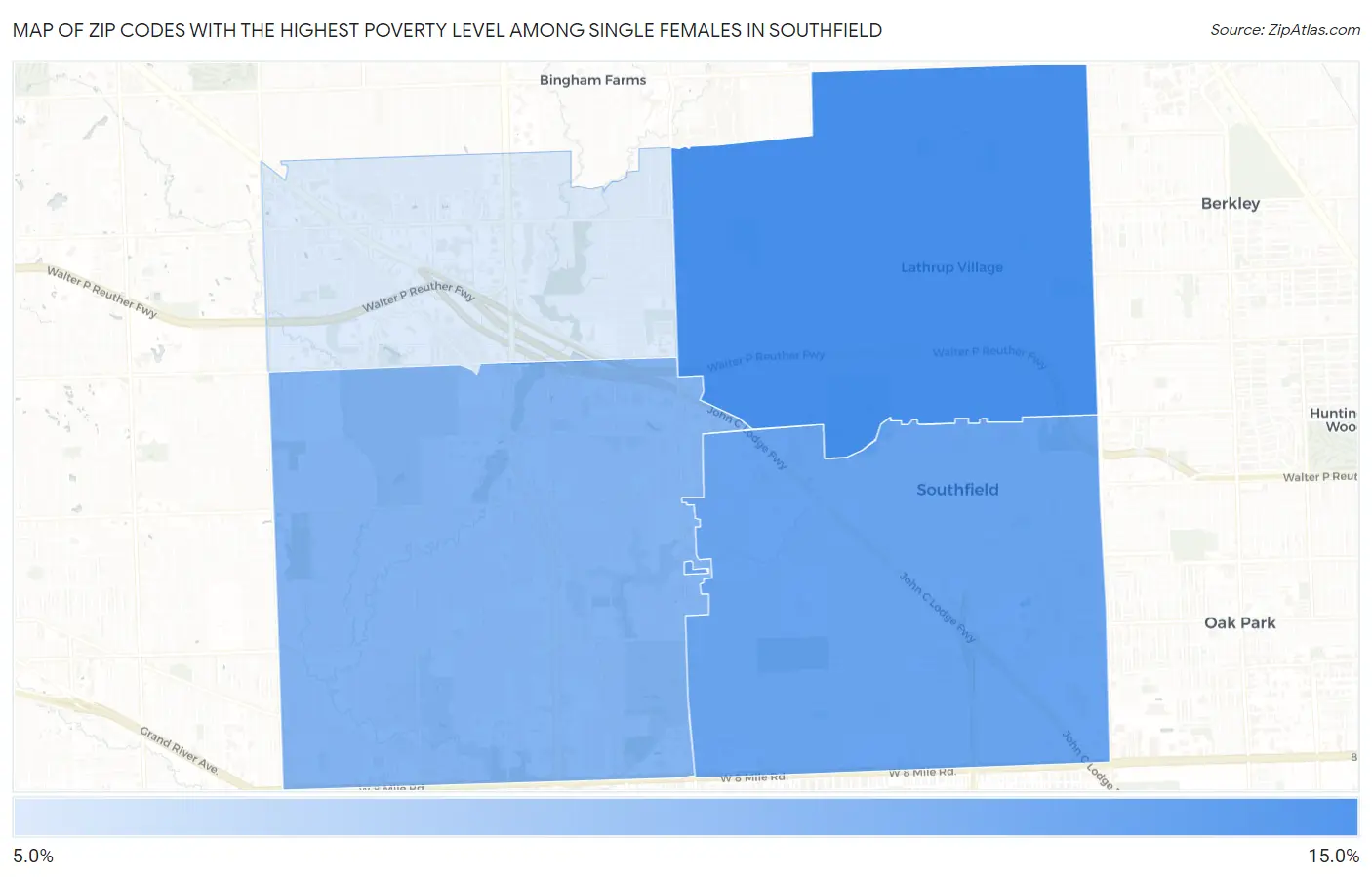 Zip Codes with the Highest Poverty Level Among Single Females in Southfield Map