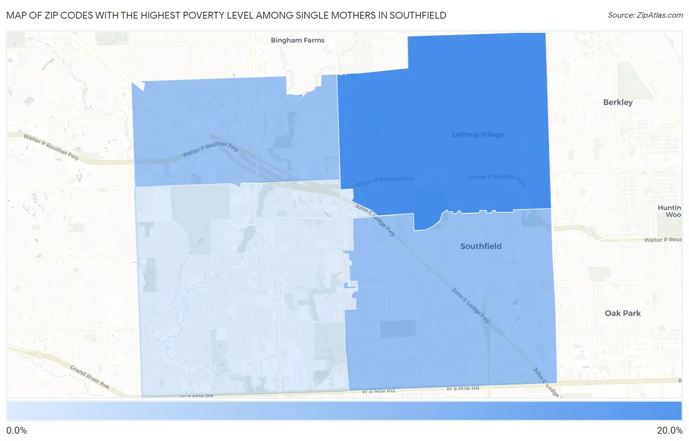 Zip Codes with the Highest Poverty Level Among Single Mothers in Southfield Map