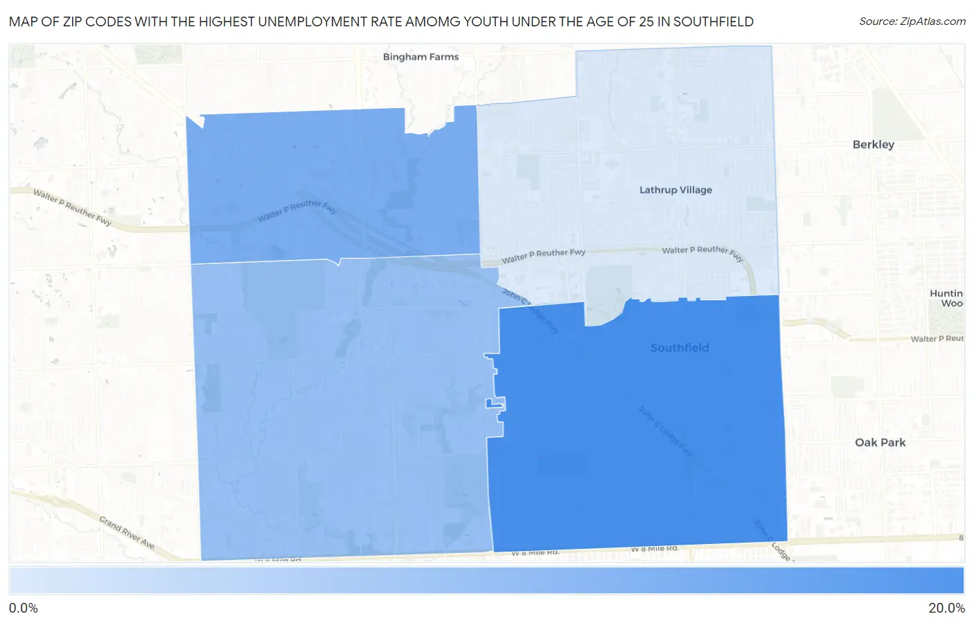 Zip Codes with the Highest Unemployment Rate Amomg Youth Under the Age of 25 in Southfield Map