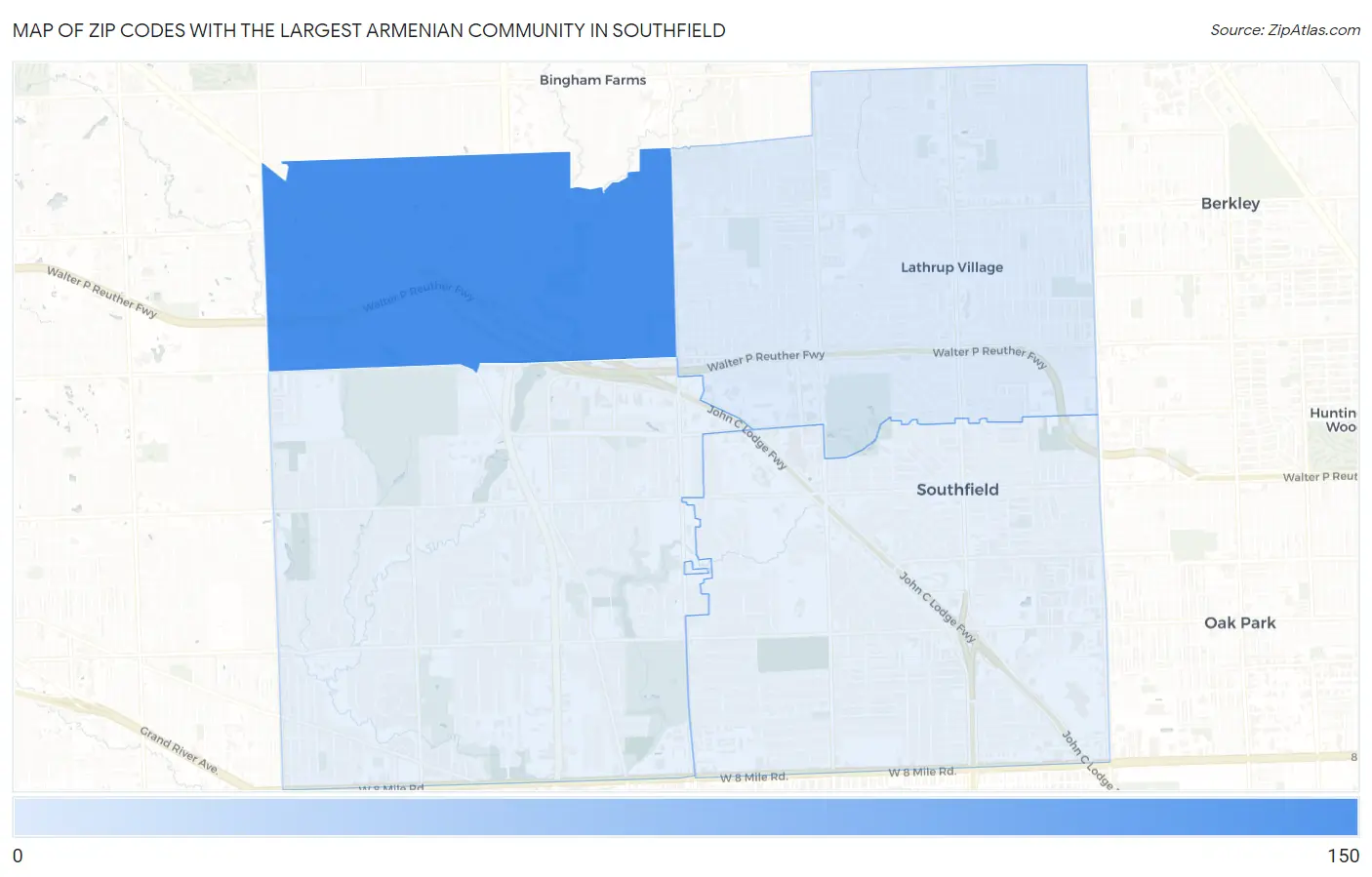 Zip Codes with the Largest Armenian Community in Southfield Map