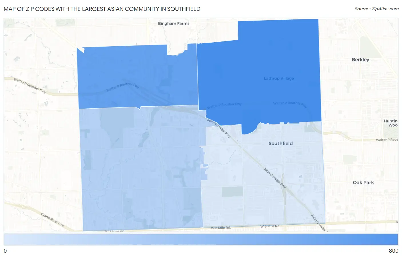 Zip Codes with the Largest Asian Community in Southfield Map
