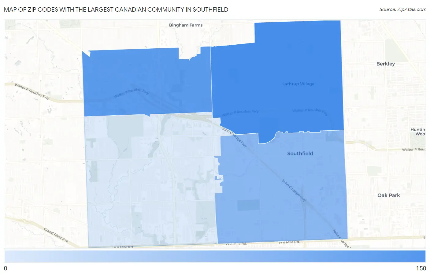 Zip Codes with the Largest Canadian Community in Southfield Map