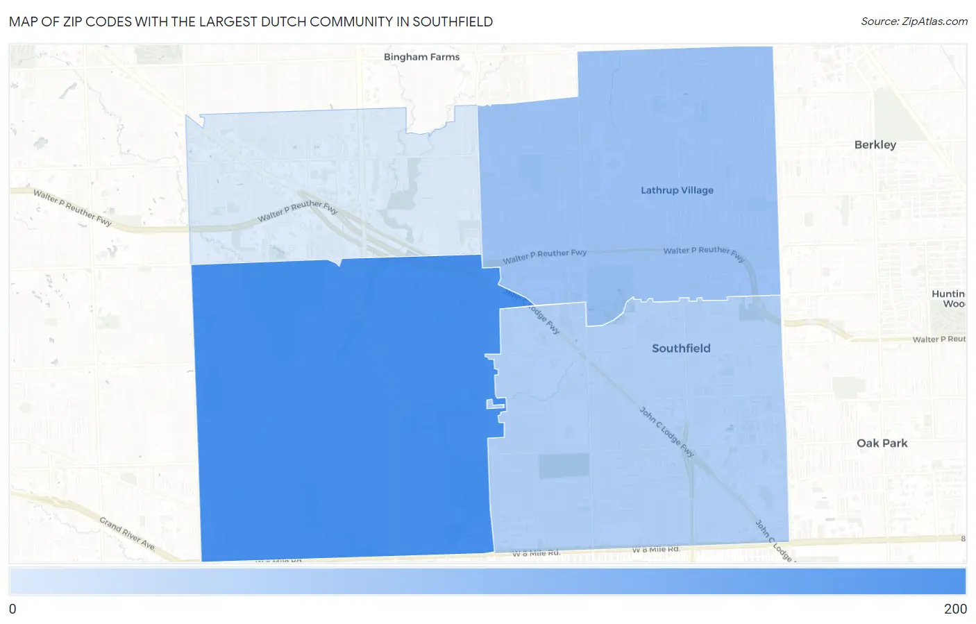 Zip Codes with the Largest Dutch Community in Southfield Map