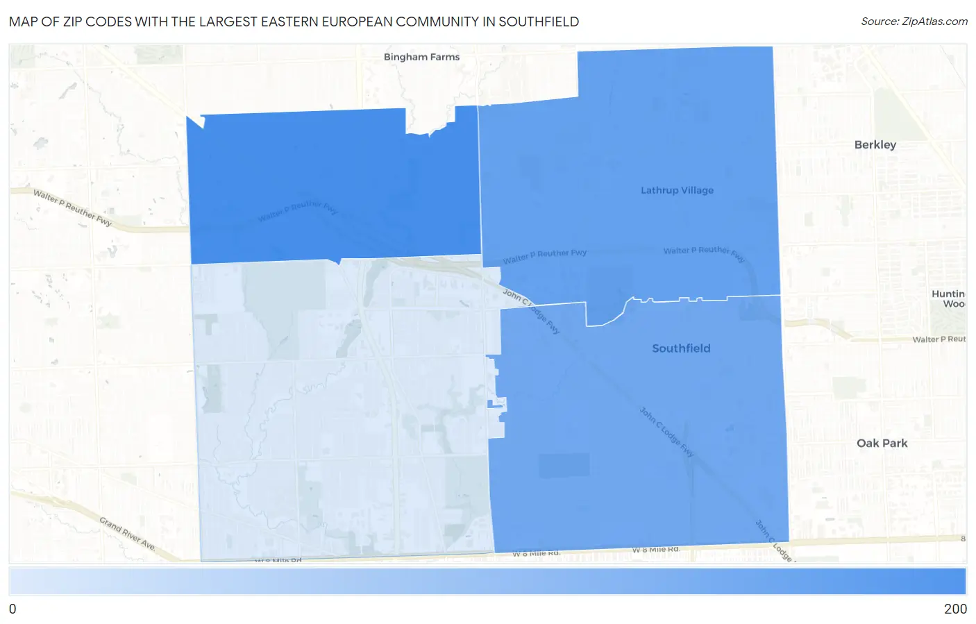 Zip Codes with the Largest Eastern European Community in Southfield Map