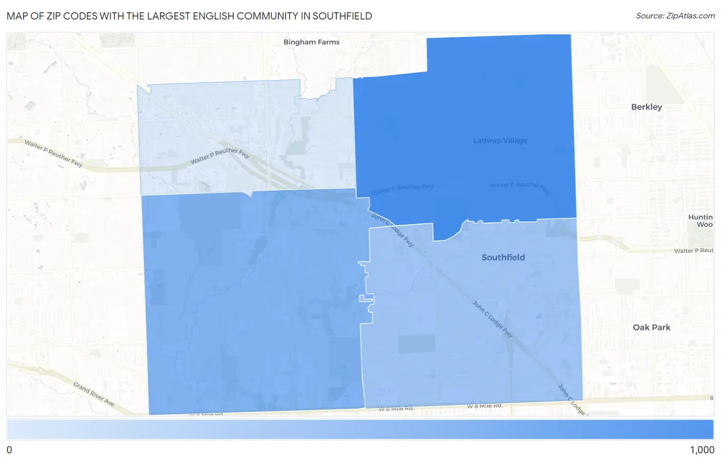 Zip Codes with the Largest English Community in Southfield Map
