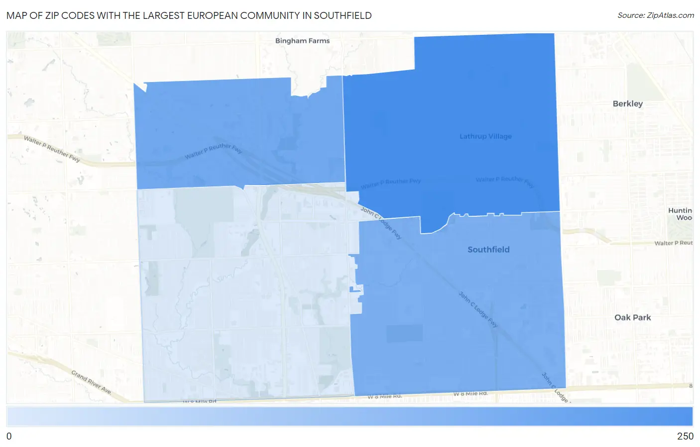 Zip Codes with the Largest European Community in Southfield Map