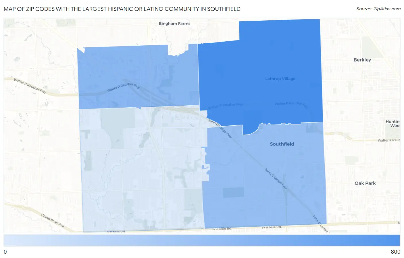 Zip Codes with the Largest Hispanic or Latino Community in Southfield Map