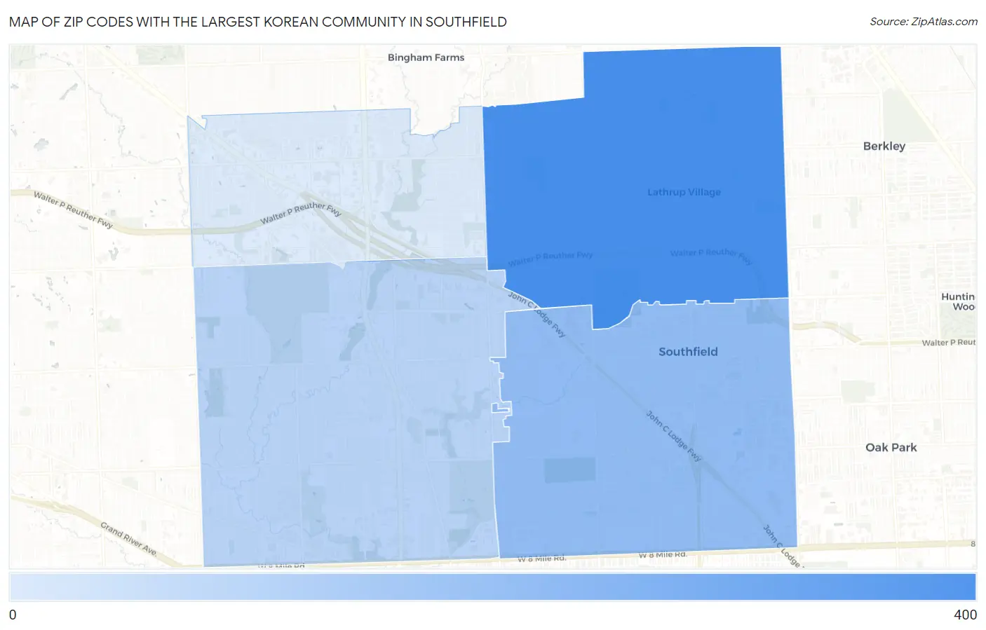 Zip Codes with the Largest Korean Community in Southfield Map