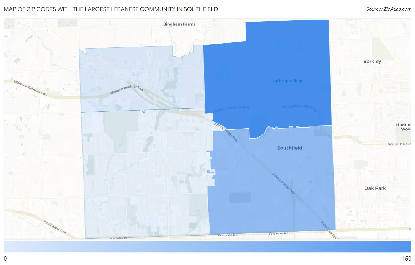 Zip Codes with the Largest Lebanese Community in Southfield Map