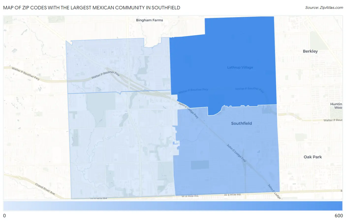 Zip Codes with the Largest Mexican Community in Southfield Map