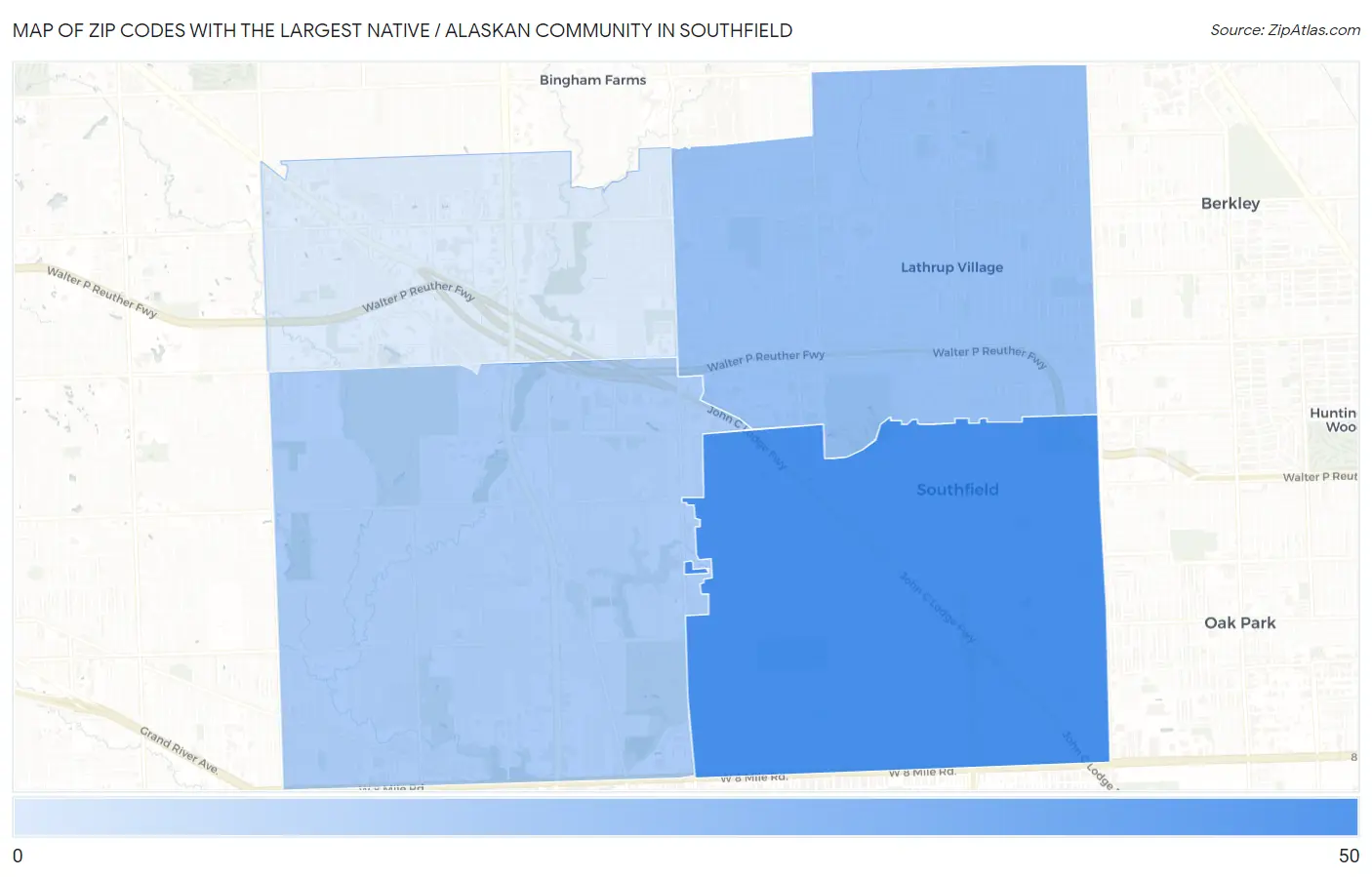 Zip Codes with the Largest Native / Alaskan Community in Southfield Map