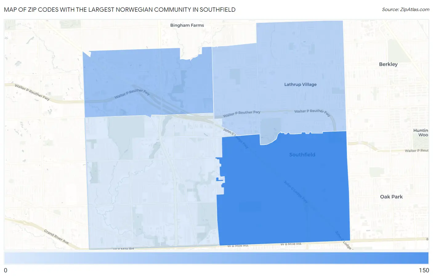 Zip Codes with the Largest Norwegian Community in Southfield Map