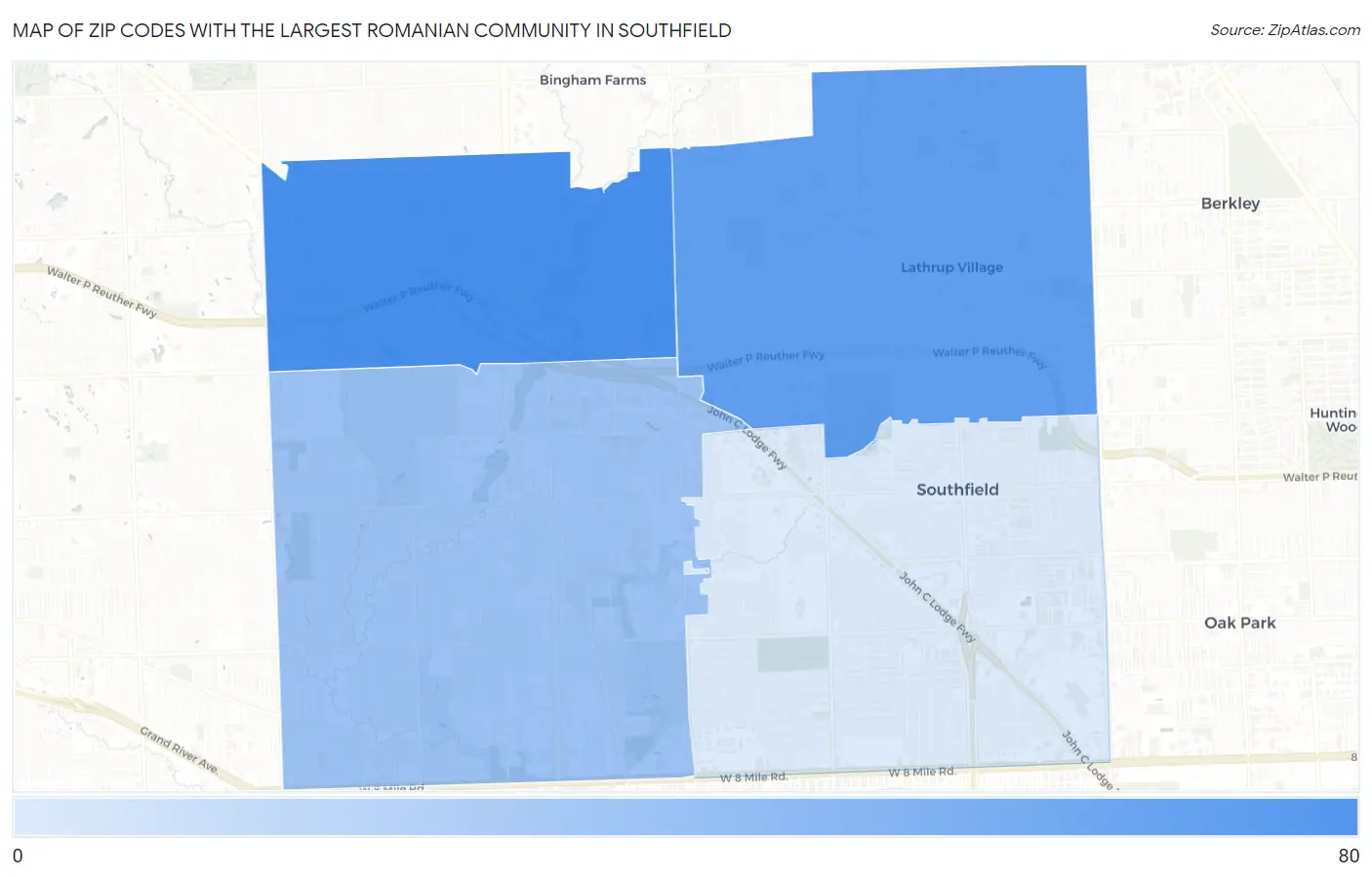 Zip Codes with the Largest Romanian Community in Southfield Map
