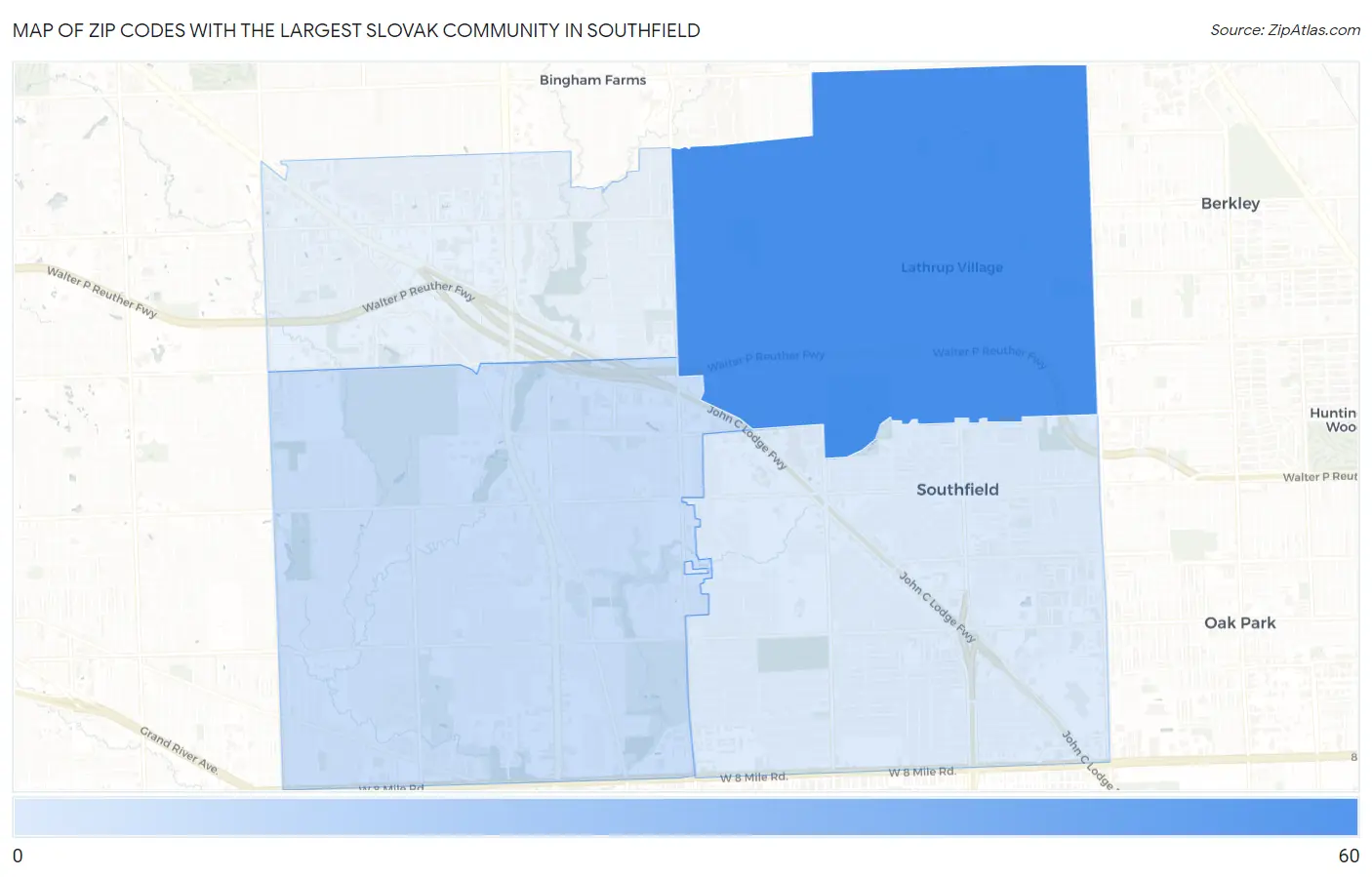 Zip Codes with the Largest Slovak Community in Southfield Map