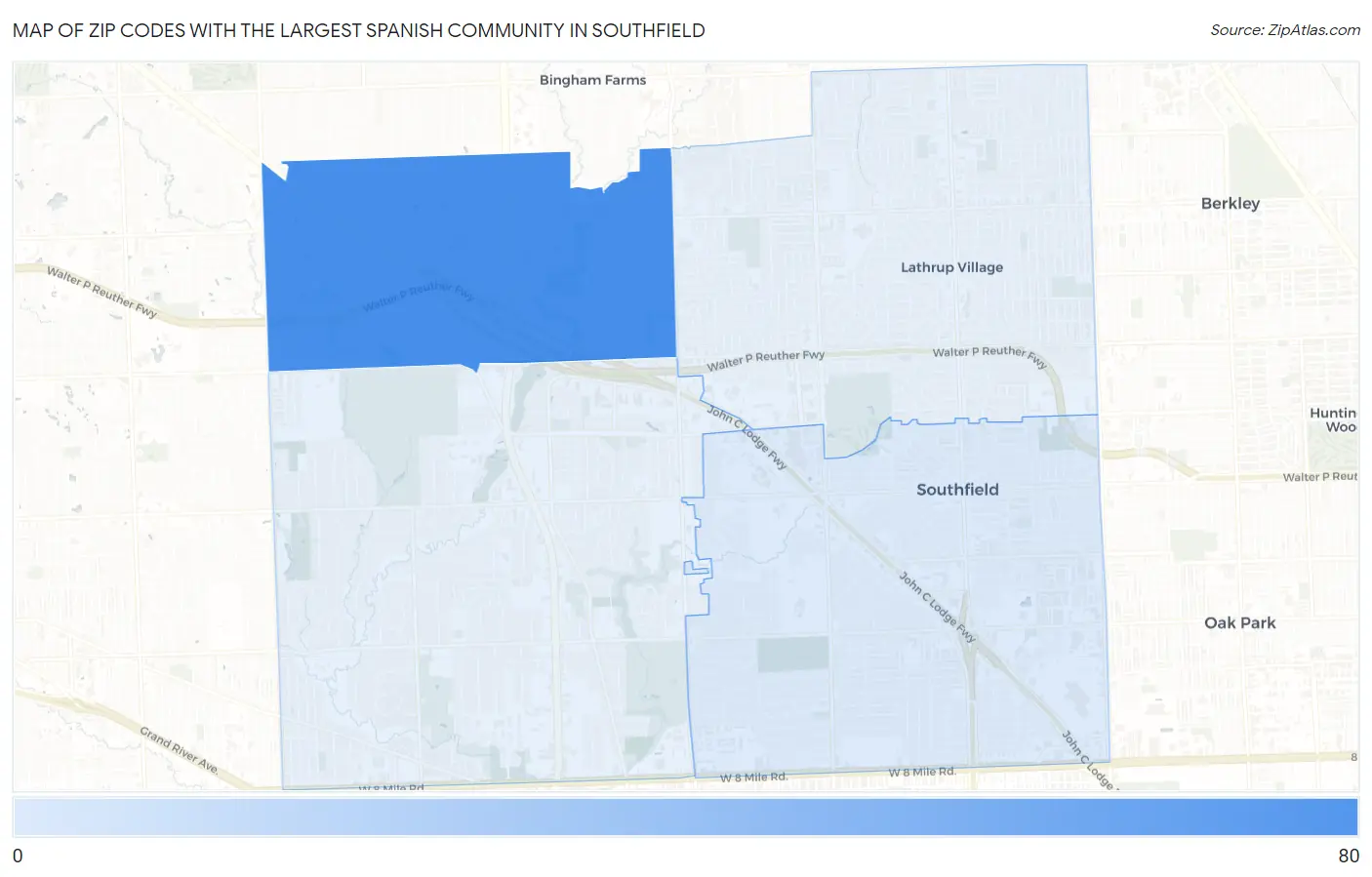 Zip Codes with the Largest Spanish Community in Southfield Map