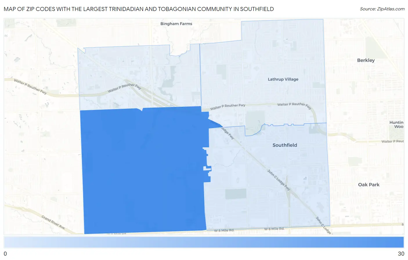 Zip Codes with the Largest Trinidadian and Tobagonian Community in Southfield Map