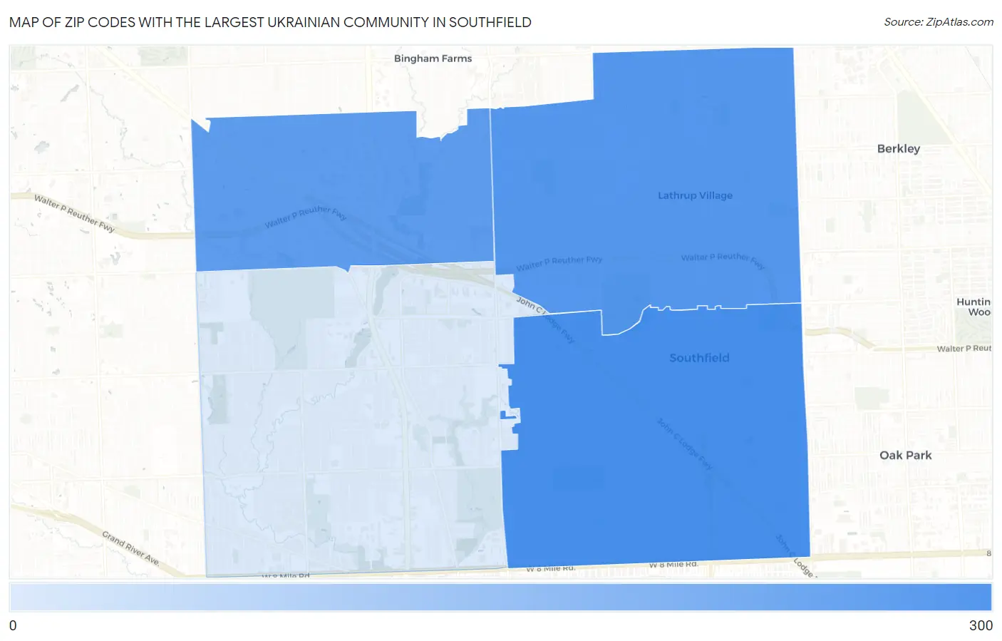 Zip Codes with the Largest Ukrainian Community in Southfield Map