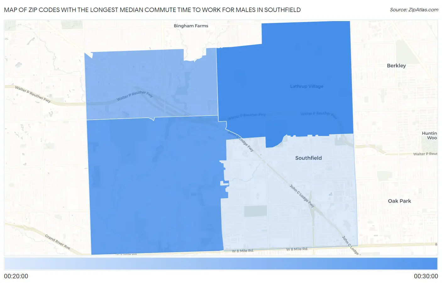 Zip Codes with the Longest Median Commute Time to Work for Males in Southfield Map
