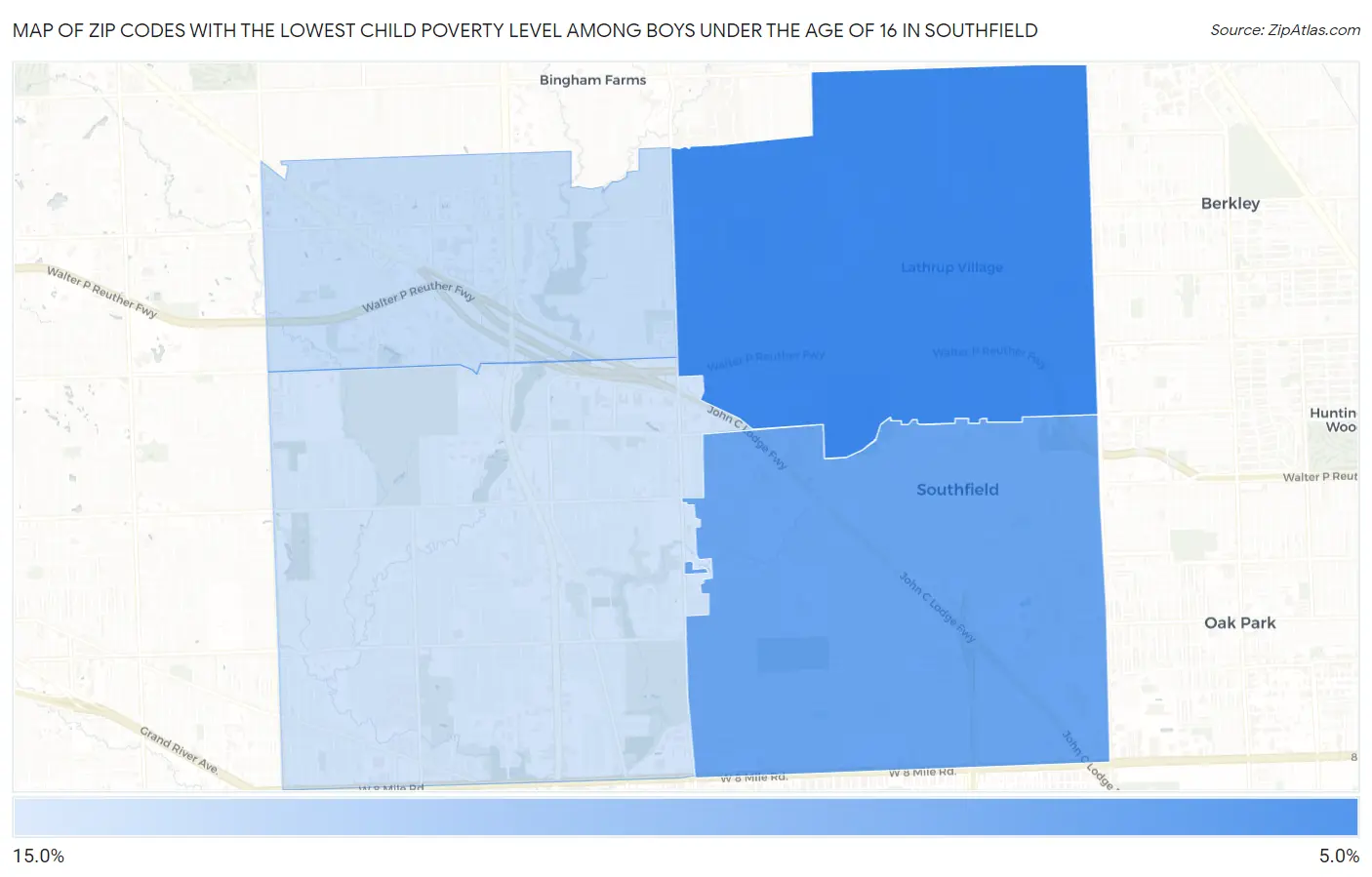 Zip Codes with the Lowest Child Poverty Level Among Boys Under the Age of 16 in Southfield Map