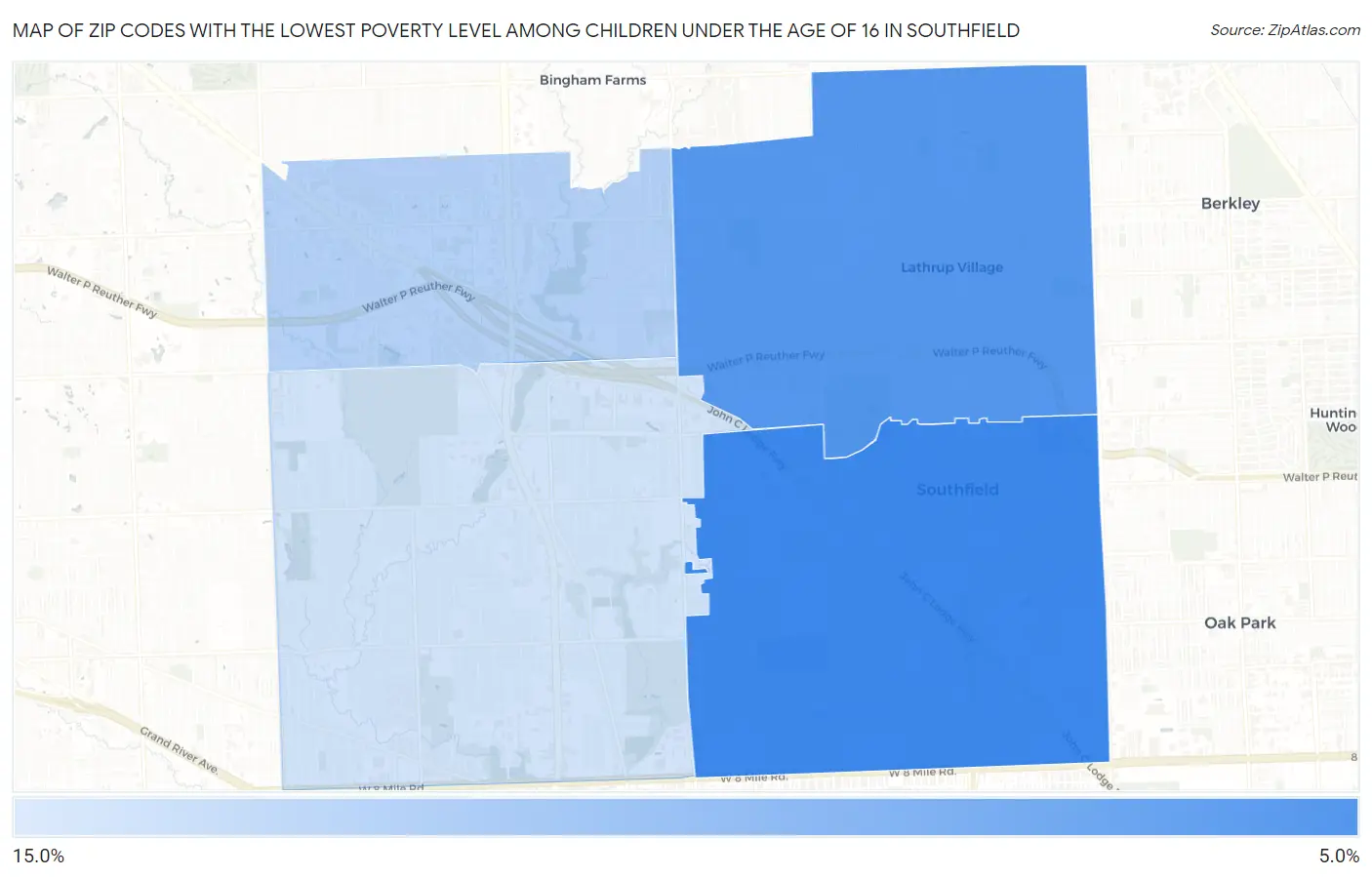 Zip Codes with the Lowest Poverty Level Among Children Under the Age of 16 in Southfield Map