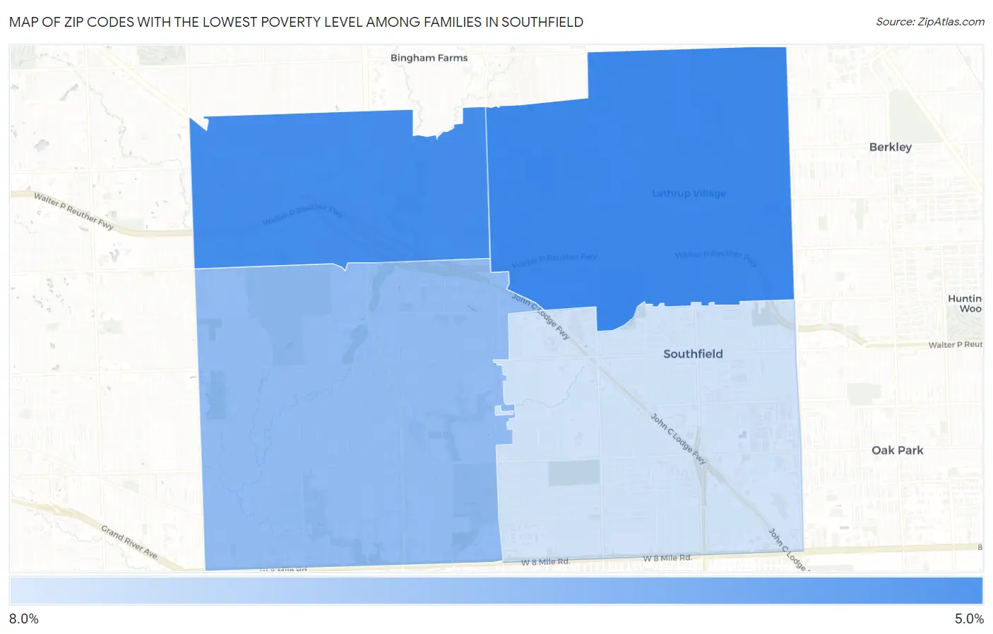 Zip Codes with the Lowest Poverty Level Among Families in Southfield Map