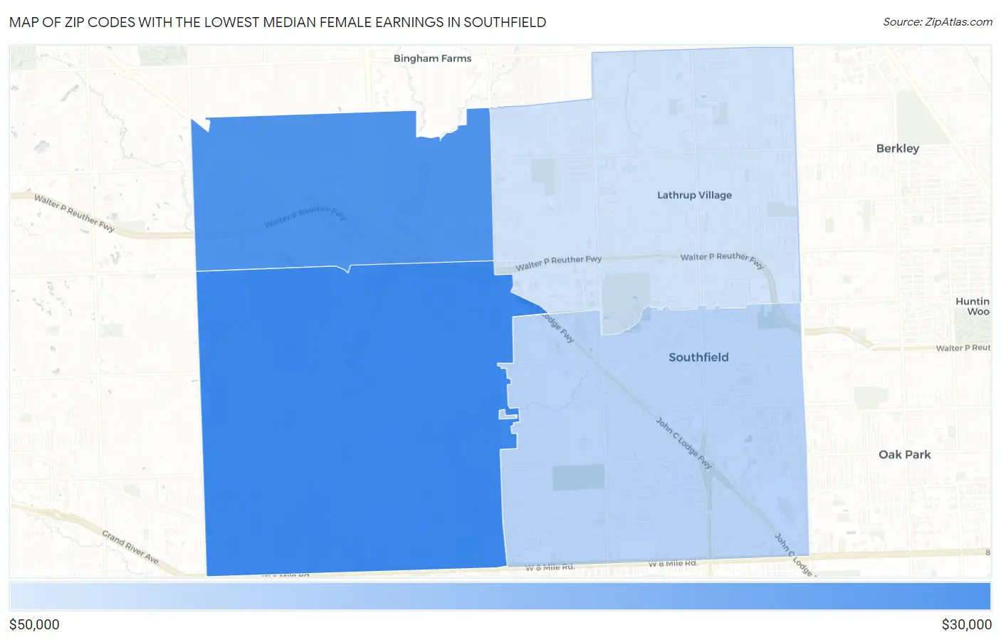 Zip Codes with the Lowest Median Female Earnings in Southfield Map