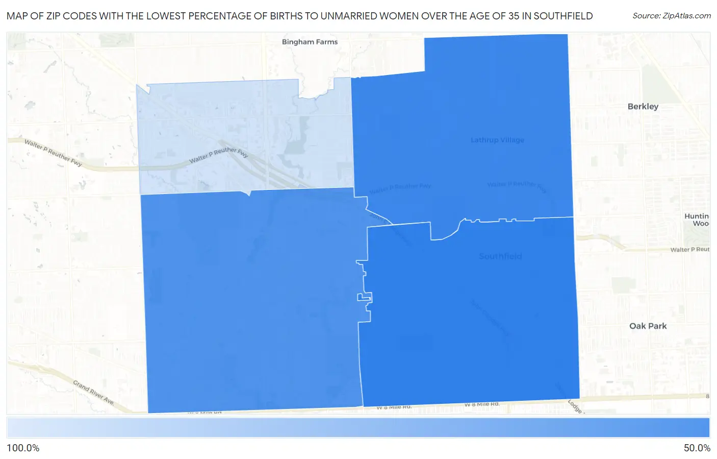 Zip Codes with the Lowest Percentage of Births to Unmarried Women over the Age of 35 in Southfield Map