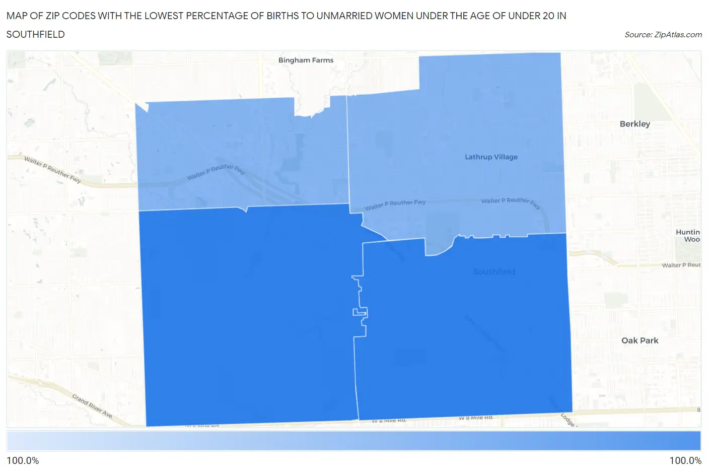 Zip Codes with the Lowest Percentage of Births to Unmarried Women under the Age of under 20 in Southfield Map