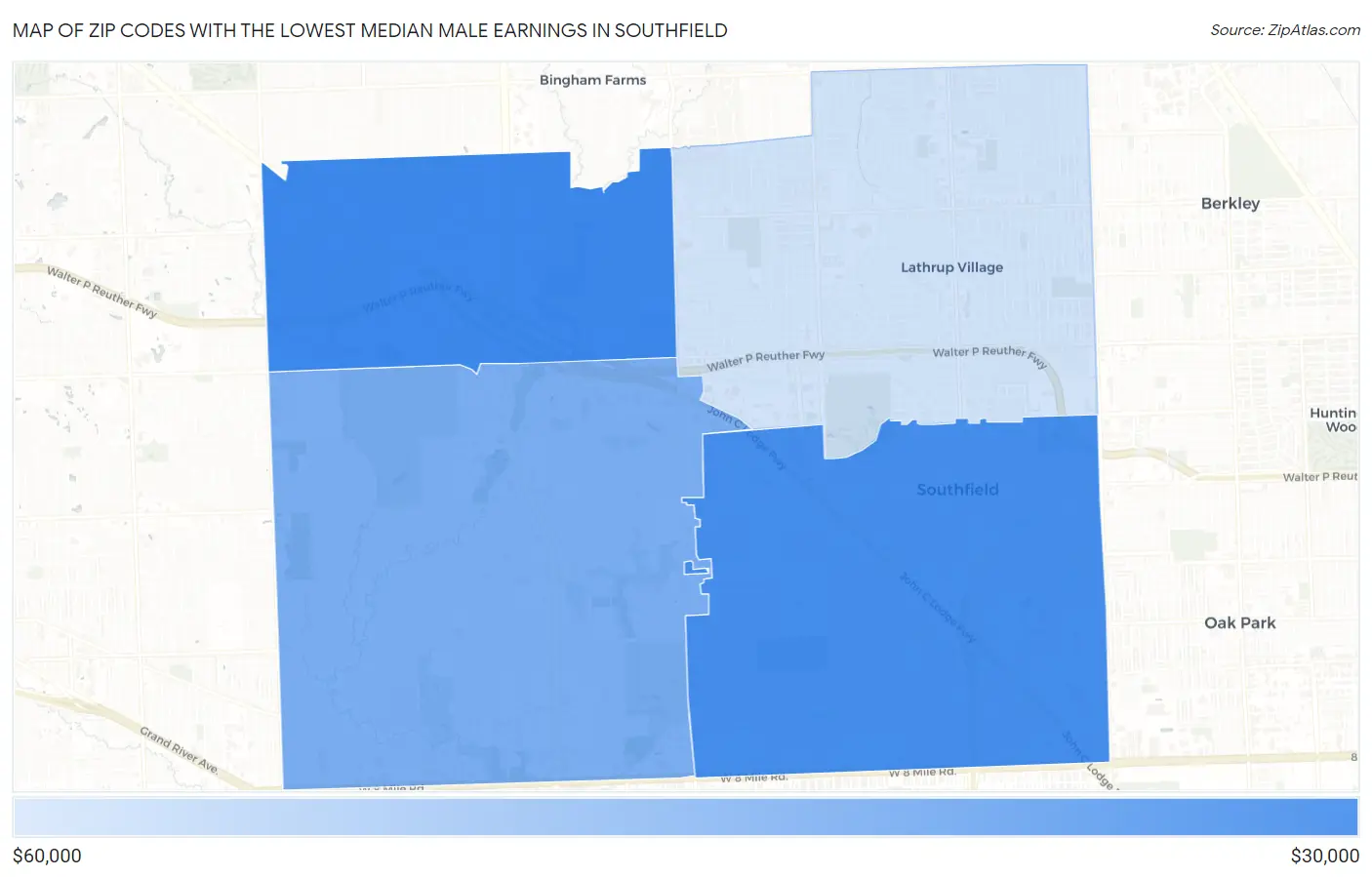 Zip Codes with the Lowest Median Male Earnings in Southfield Map