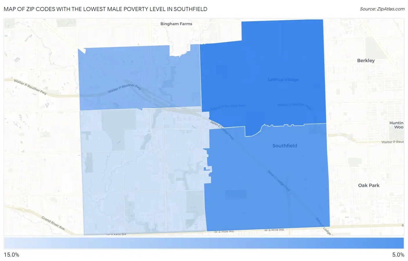 Zip Codes with the Lowest Male Poverty Level in Southfield Map