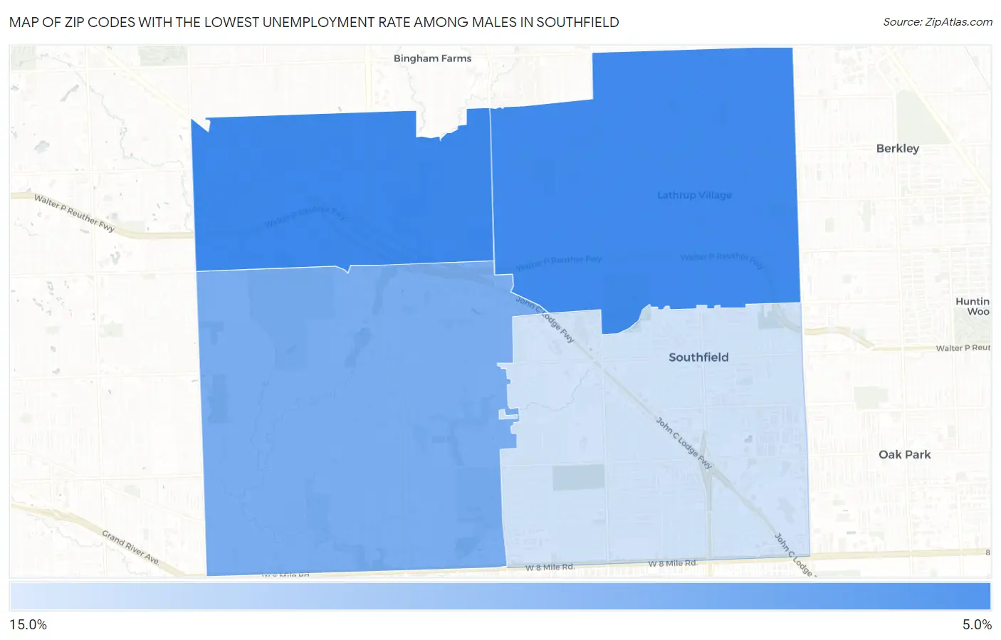 Zip Codes with the Lowest Unemployment Rate Among Males in Southfield Map