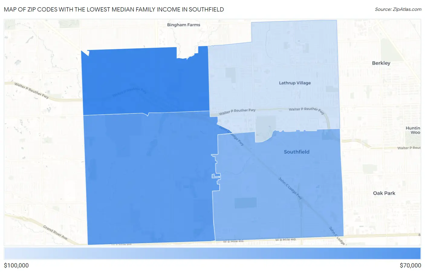 Zip Codes with the Lowest Median Family Income in Southfield Map