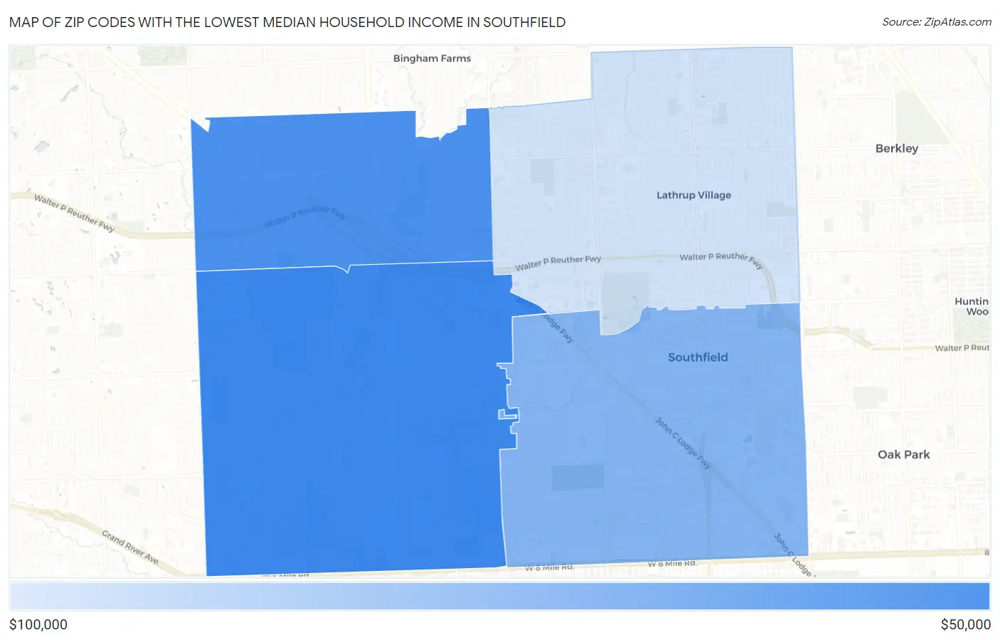 Zip Codes with the Lowest Median Household Income in Southfield Map