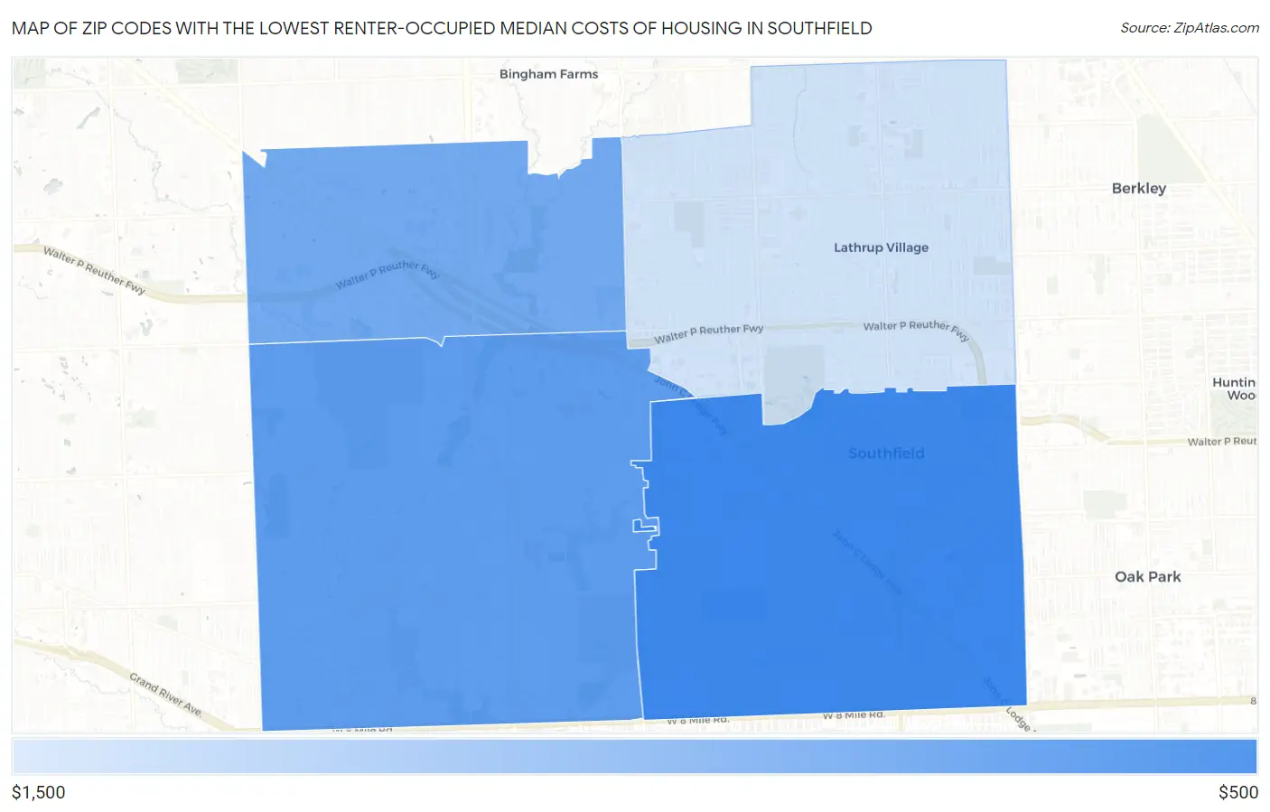 Zip Codes with the Lowest Renter-Occupied Median Costs of Housing in Southfield Map