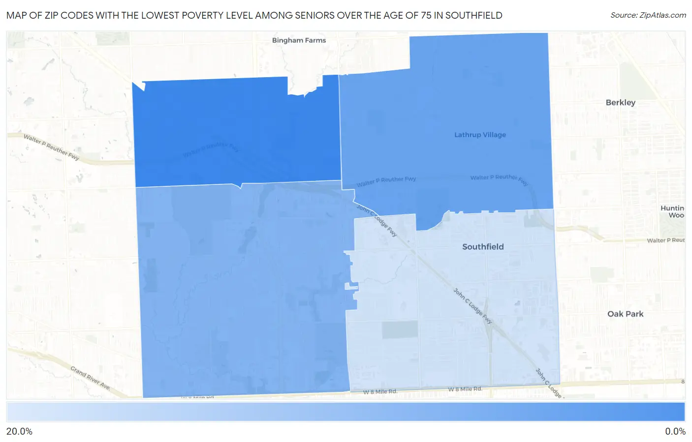 Zip Codes with the Lowest Poverty Level Among Seniors Over the Age of 75 in Southfield Map