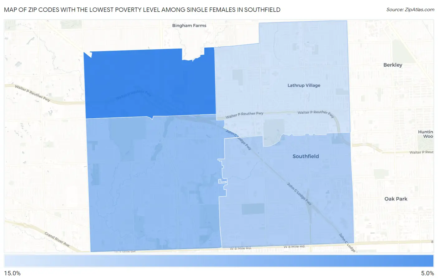 Zip Codes with the Lowest Poverty Level Among Single Females in Southfield Map