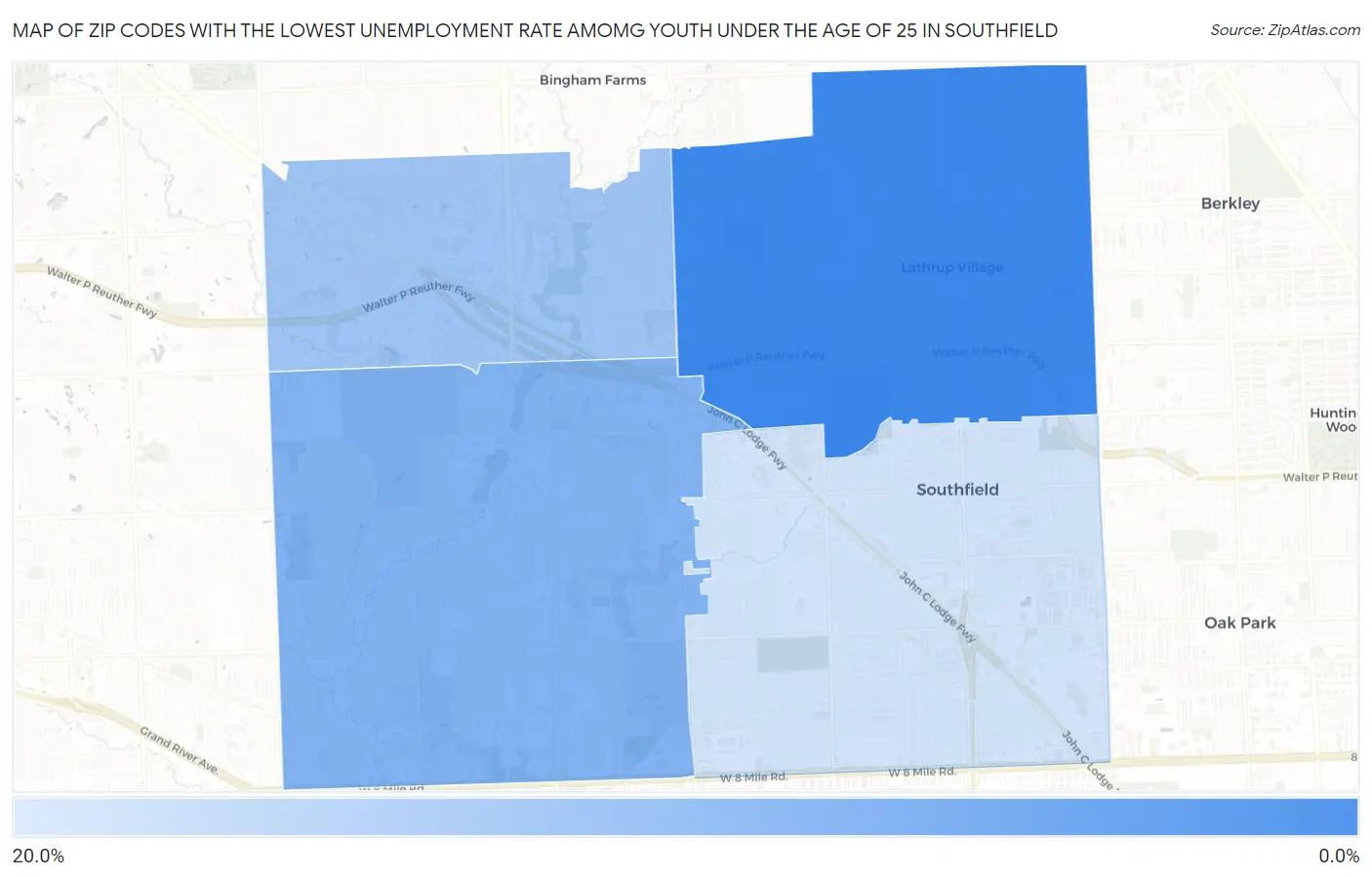 Zip Codes with the Lowest Unemployment Rate Amomg Youth Under the Age of 25 in Southfield Map
