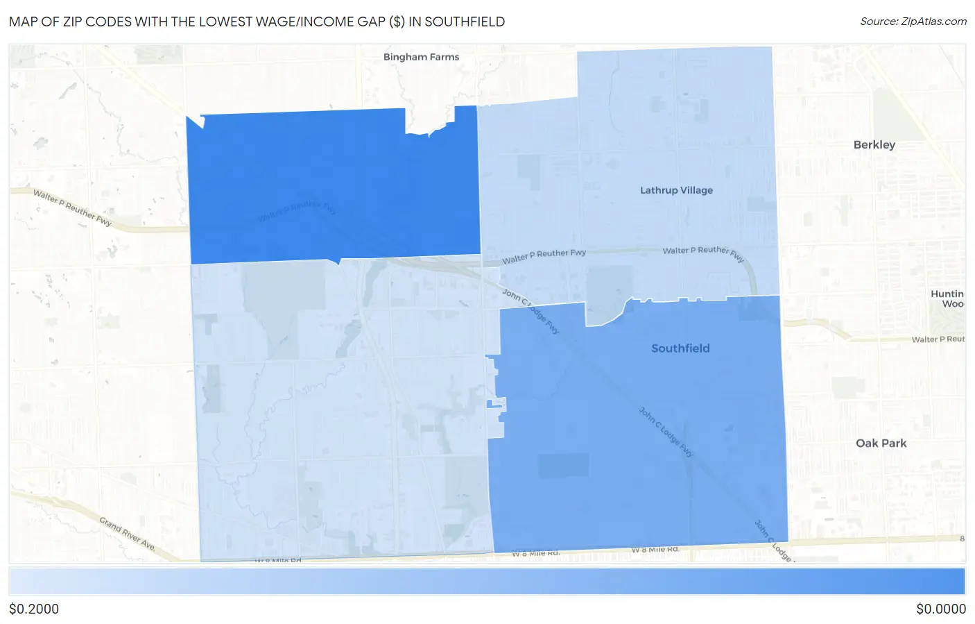 Zip Codes with the Lowest Wage/Income Gap ($) in Southfield Map