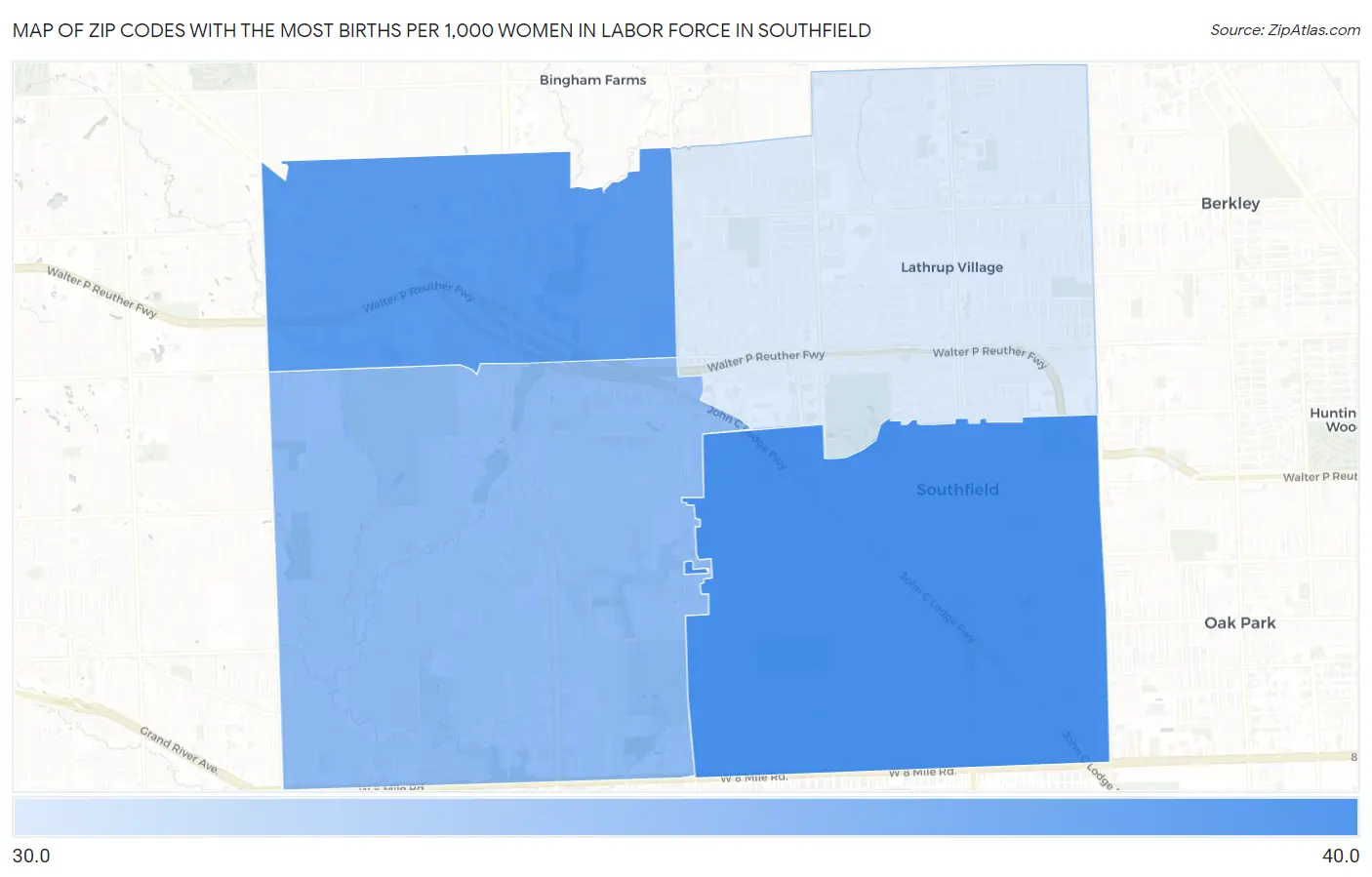 Zip Codes with the Most Births per 1,000 Women in Labor Force in Southfield Map
