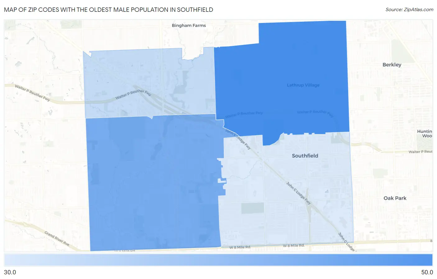 Zip Codes with the Oldest Male Population in Southfield Map