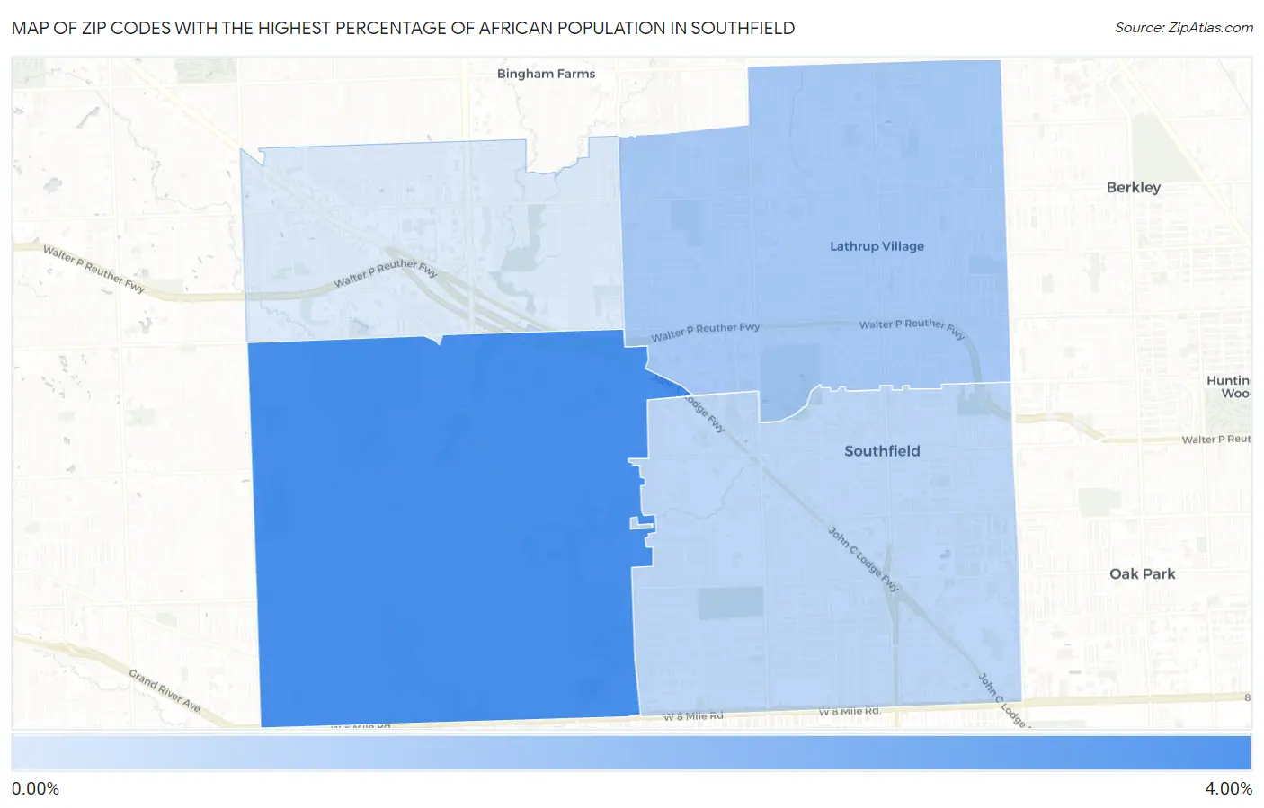 Zip Codes with the Highest Percentage of African Population in Southfield Map
