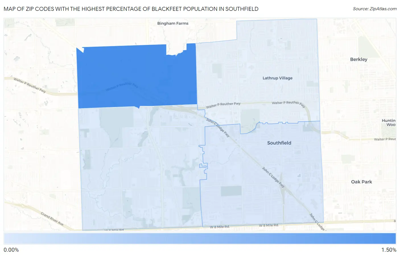Zip Codes with the Highest Percentage of Blackfeet Population in Southfield Map