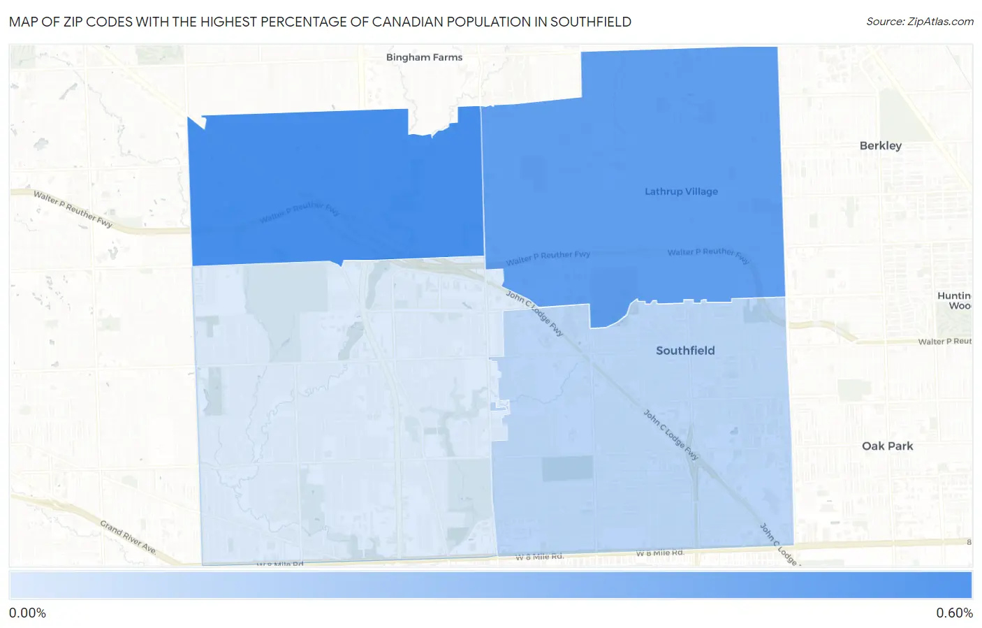 Zip Codes with the Highest Percentage of Canadian Population in Southfield Map