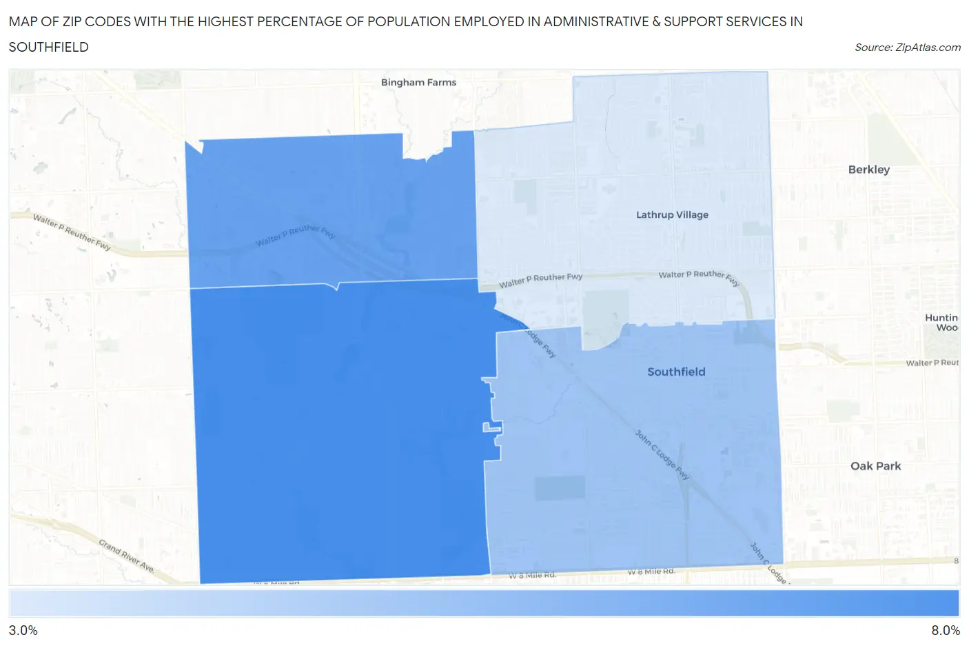 Zip Codes with the Highest Percentage of Population Employed in Administrative & Support Services in Southfield Map
