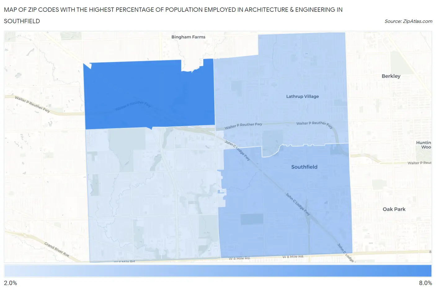 Zip Codes with the Highest Percentage of Population Employed in Architecture & Engineering in Southfield Map