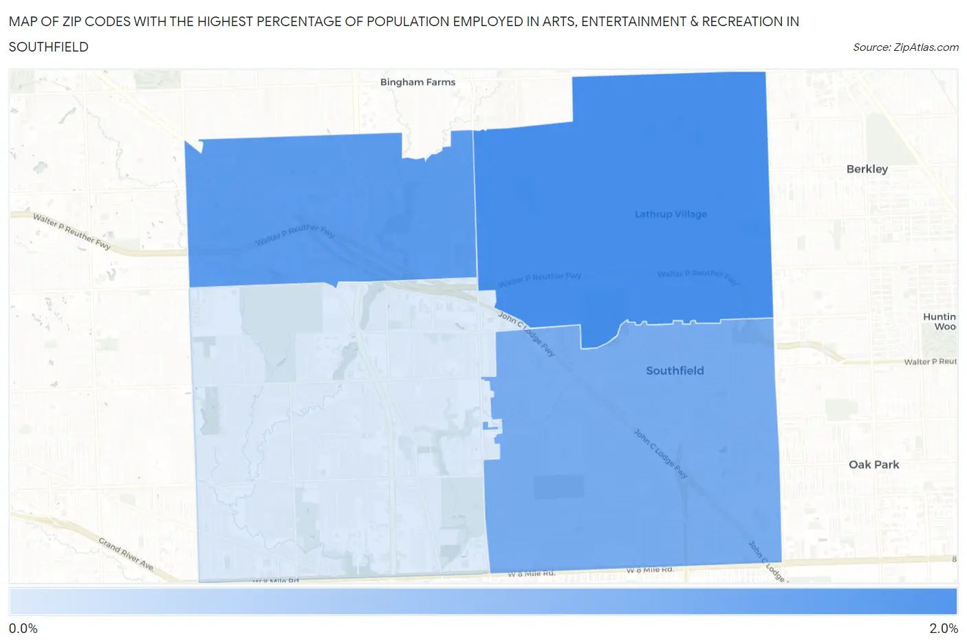 Zip Codes with the Highest Percentage of Population Employed in Arts, Entertainment & Recreation in Southfield Map