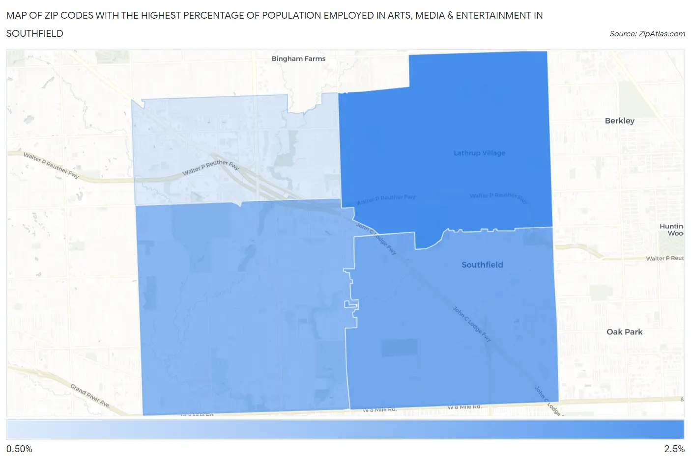 Zip Codes with the Highest Percentage of Population Employed in Arts, Media & Entertainment in Southfield Map