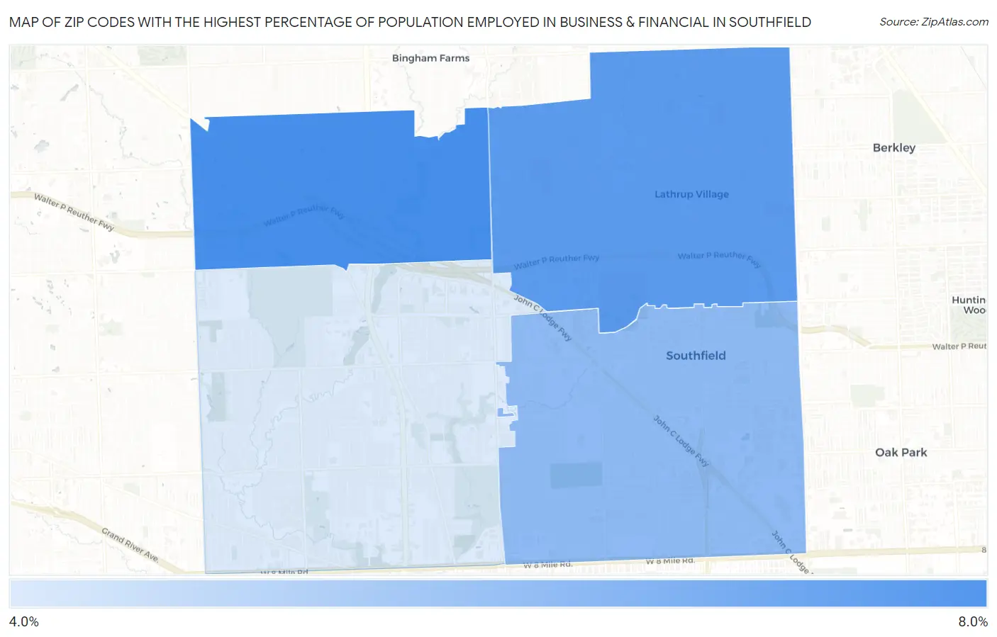 Zip Codes with the Highest Percentage of Population Employed in Business & Financial in Southfield Map